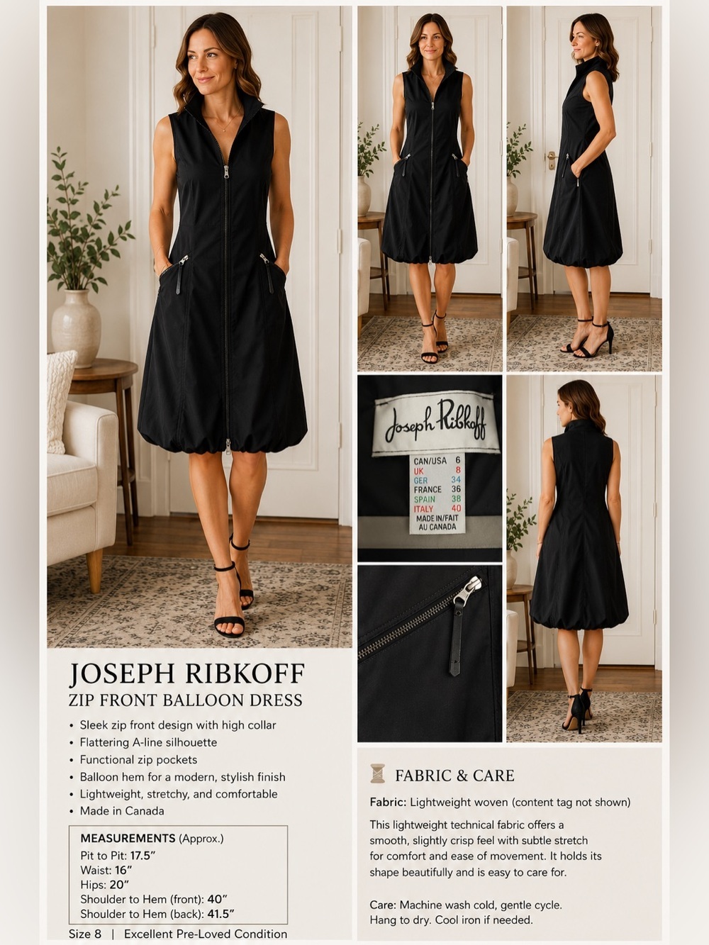 Joseph Ribkoff Black Zip Front Balloon Hem Dress Sleeveless High Collar Size 8